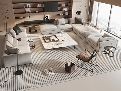 Modern Living Room Light L Shaped Sofa And Marble Coffee Table With Area Rug 3d model