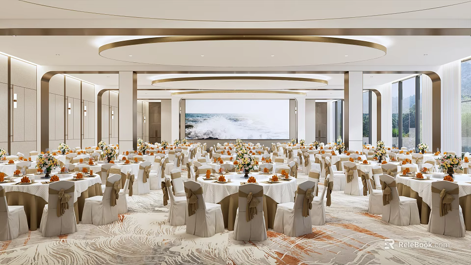 Luxurious Modern Banquet Hall With Round Tables Floral Centerpieces Large Screen And Ceiling Chandeliers 3d model 