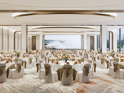 Luxurious Modern Banquet Hall With Round Tables Floral Centerpieces Large Screen And Ceiling Chandeliers 3d model