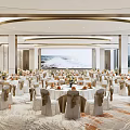 Luxurious Modern Banquet Hall With Round Tables Floral Centerpieces Large Screen And Ceiling Chandeliers