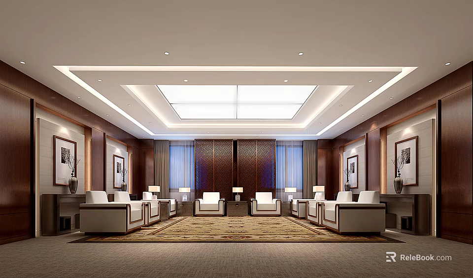 Modern Meeting Room Interior With Leather Seats Decorative Paintings And Ceiling Lights 3d model 