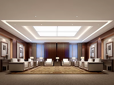Modern Meeting Room Interior With Leather Seats Decorative Paintings And Ceiling Lights 3d model