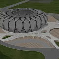 Modern Circular Public Venue With Green Surroundings Pathways And People