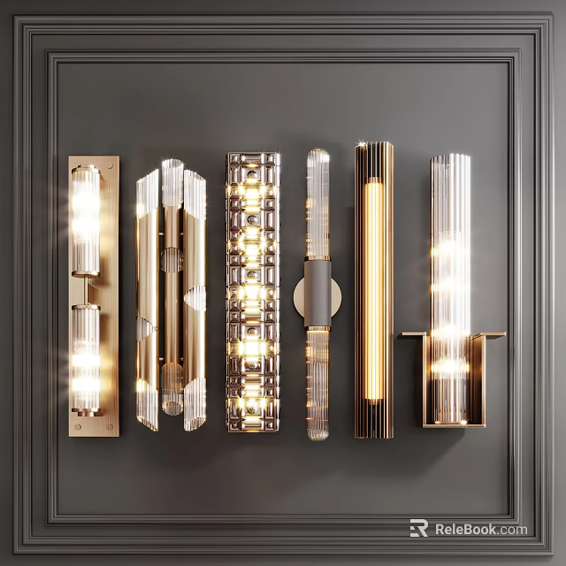 Modern Design Wall Lights With Metal Frames And Glass Elements Illuminated On Dark Wall 3d model 