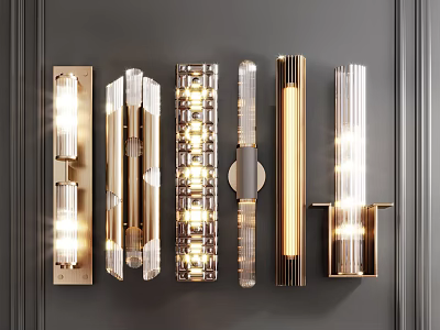 Modern Design Wall Lights With Metal Frames And Glass Elements Illuminated On Dark Wall 3d model