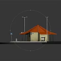 Small Building Featuring Orange Roof Yellow Structure Street Lamps Green Grass And Crosswalk