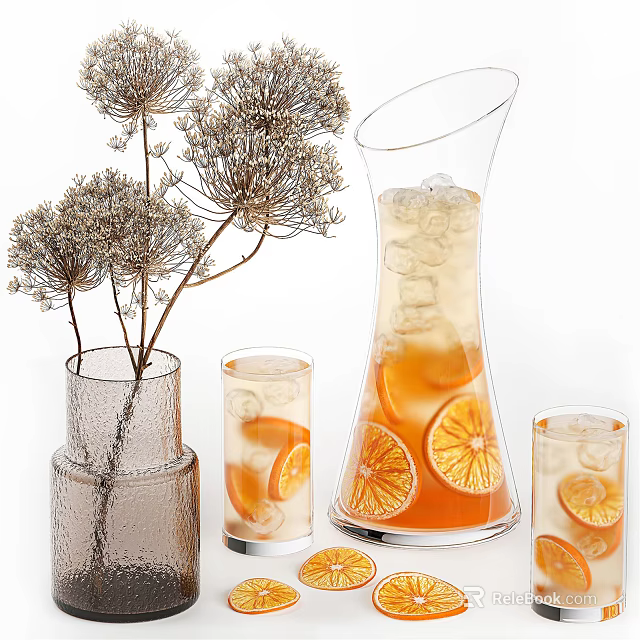 Refreshing Orange Beverage in Glass Pitcher and Cups with Ice Cubes Slices and Dried Flowers 3d model 