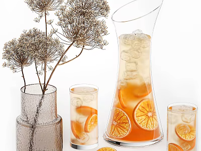 Refreshing Orange Beverage in Glass Pitcher and Cups with Ice Cubes Slices and Dried Flowers 3d model