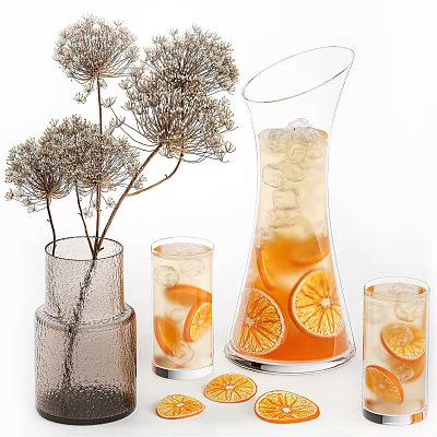 Refreshing Orange Beverage in Glass Pitcher and Cups with Ice Cubes Slices and Dried Flowers 3d model
