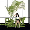 Indoor Landscape With Green Plant Art Installations And Sculptural Shapes In Modern Interior