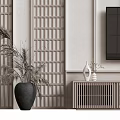 Modern Minimalist TV Background Wall Design With Lattice Panels TV Cabinet And Plant Decor