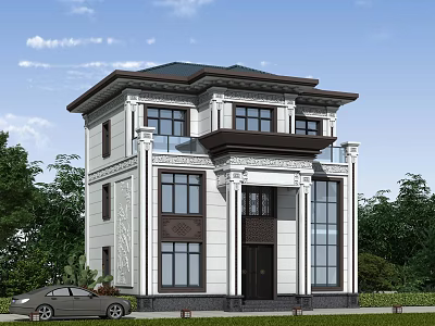Two Story Detached Villa Modern Exterior With Large Windows Columns And Green Lawn 3d model