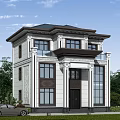 Two Story Detached Villa Modern Exterior With Large Windows Columns And Green Lawn