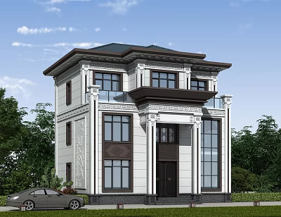 Two Story Detached Villa Modern Exterior With Large Windows Columns And Green Lawn 3d model