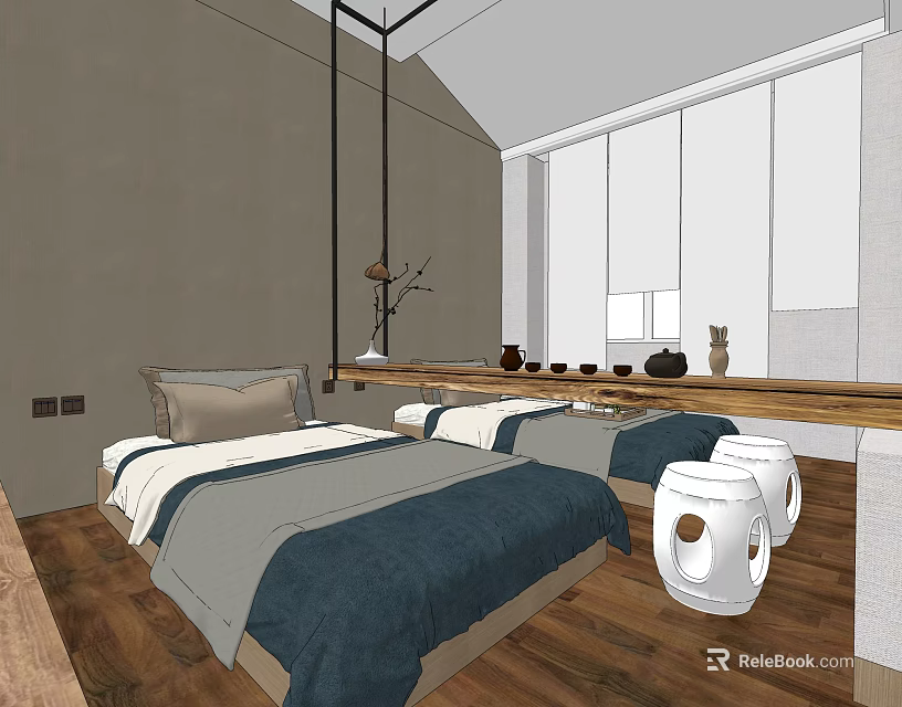 Cozy Hotel Room Interior Design With Blue Bedding Wooden Flooring White Curtains And Hanging Lights 3d model 