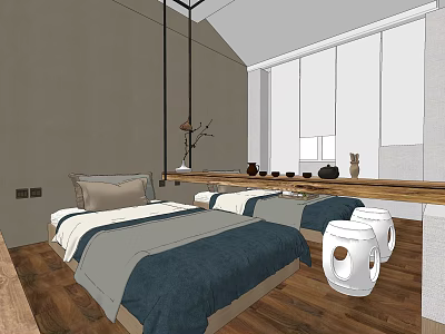 Cozy Hotel Room Interior Design With Blue Bedding Wooden Flooring White Curtains And Hanging Lights 3d model