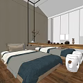 Cozy Hotel Room Interior Design With Blue Bedding Wooden Flooring White Curtains And Hanging Lights