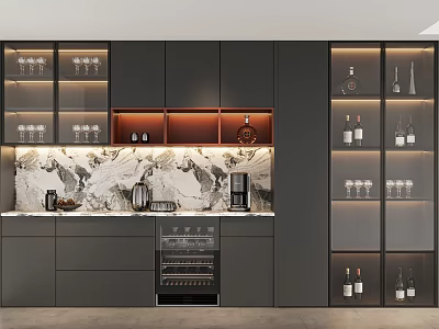 Modern Wine Cabinet Design With Glass Doors Lighting Marble Backsplash And Wine Bottles 3d model