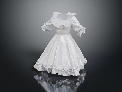 Elegant White Princess Satin Dress With Ruffled Hem And Puffed Sleeves 3d model