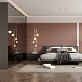 Modern Bedroom Interior With Brown Walls Hanging Pendant Lights Herringbone Floors Nightstands And Window Bench