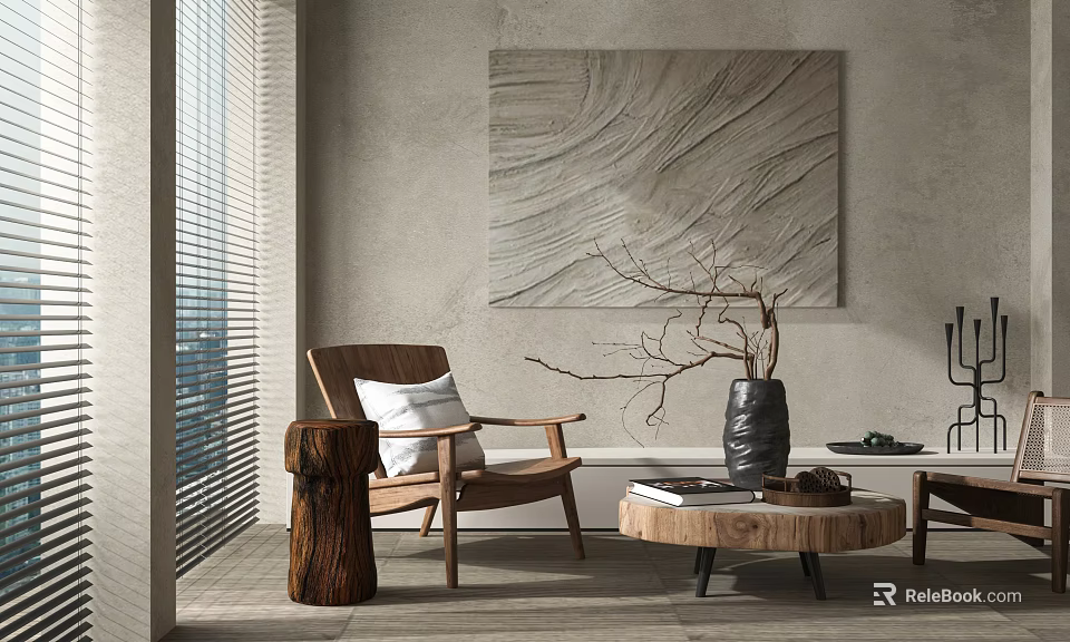 Comfortable Brown Wooden Leisure Chair With White Cushion And Abstract Textured Painting On Gray Wall 3d model 