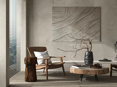 Comfortable Brown Wooden Leisure Chair With White Cushion And Abstract Textured Painting On Gray Wall 3d model