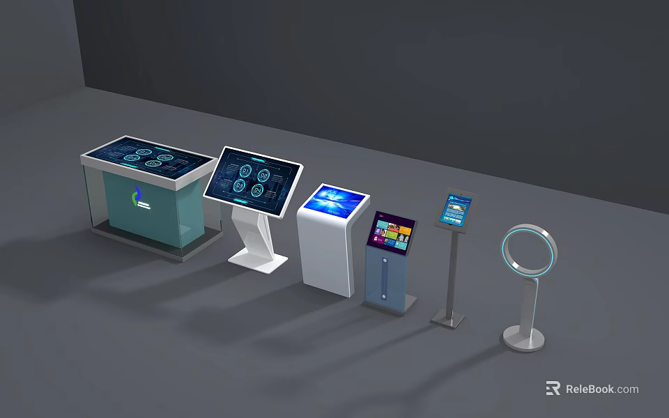 Modern Public Facilities Featuring Self Service Touchscreen Kiosks Information Displays And Circular Signage 3d model 