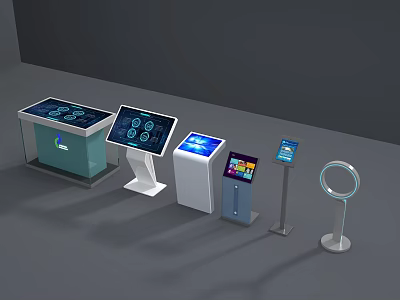 Modern Public Facilities Featuring Self Service Touchscreen Kiosks Information Displays And Circular Signage 3d model