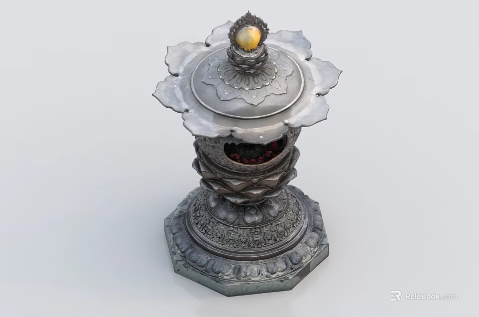 Elegant Decorative Ornament Set With Lotus Shaped Lid Golden Sphere And Intricate Base Carvings 3d model 