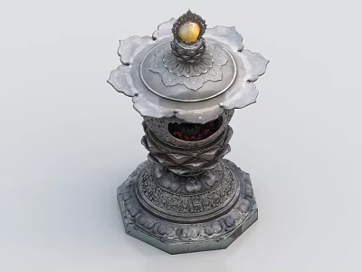 Elegant Decorative Ornament Set With Lotus Shaped Lid Golden Sphere And Intricate Base Carvings 3d model