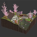 Cartoon Scene With House Red Roof White Walls Greenhouse Small Bridge Pond And Green Trees