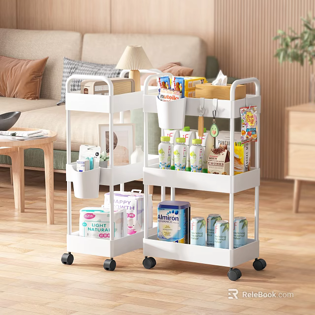 White 3 Tier Rolling Storage Shelves with Wheels for Home Living Room Organization 3d model 