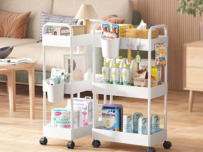 White 3 Tier Rolling Storage Shelves with Wheels for Home Living Room Organization 3d model