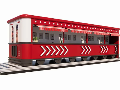 Red And White Functional Vehicle With Striped Awning Arrow Decals And Windows On Tracks 3d model