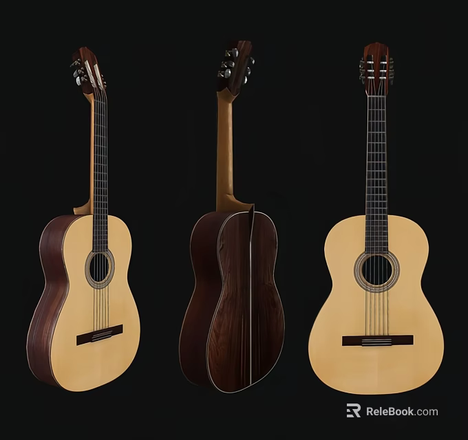 Classical Acoustic Guitars With Light Dark Wood Traditional Design Front Back Views 3d model 