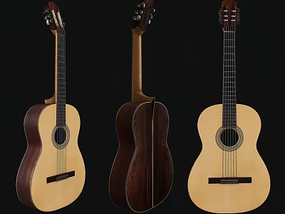 Classical Acoustic Guitars With Light Dark Wood Traditional Design Front Back Views 3d model
