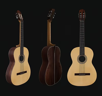 Classical Acoustic Guitars With Light Dark Wood Traditional Design Front Back Views 3d model