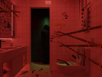 Spooky Horror Bathroom Scene With Caution Tape Handprints Footprints And Silhouette In Red Lighting 3d model