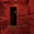 Spooky Horror Bathroom Scene With Caution Tape Handprints Footprints And Silhouette In Red Lighting
