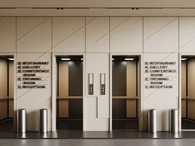 Modern Lobby Elevators With Directional Signs Geometric Wall Design And Metal Trash Bins 3d model