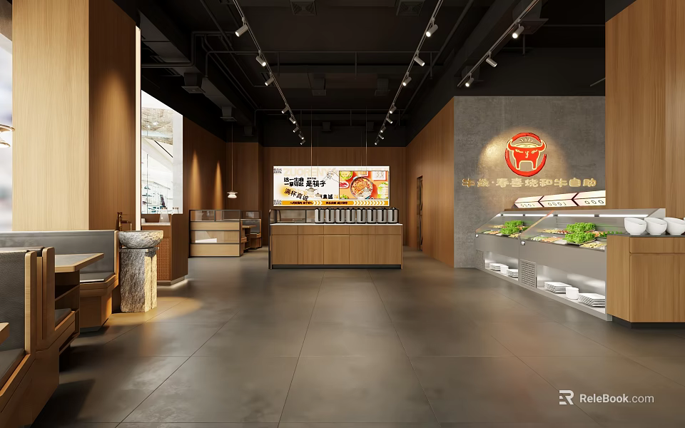 Modern Hot Pot Restaurant Interior With Open Layout Wooden Decor And Food 3d model 
