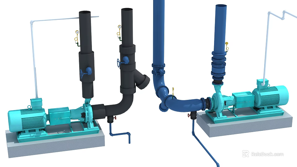 Industrial Equipment System With Blue And Black Pumps Pipes And Concrete Bases 3d model 