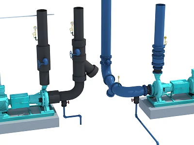 Industrial Equipment System With Blue And Black Pumps Pipes And Concrete Bases 3d model