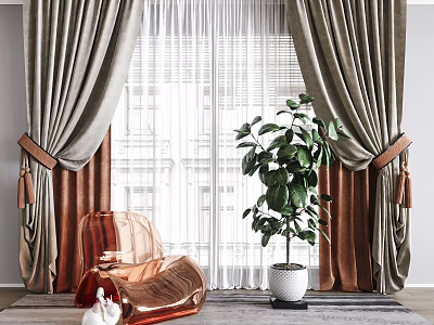 Elegant Curtains With Tiebacks And Sheer Curtains By Pink Armchair And Green Plant 3d model