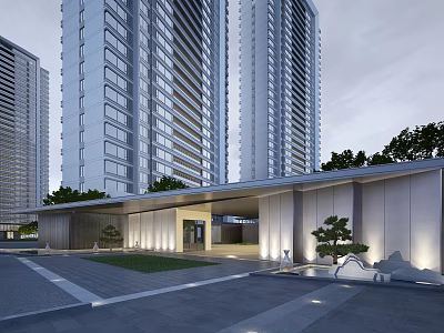 Modern Entrance Gate in Front of High Rise Buildings With Courtyard Green Plants and Lighting 3d model