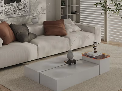 Modern White Coffee Table In Living Room With Sofa Throw Pillows Green Plant And Bookshelf 3d model