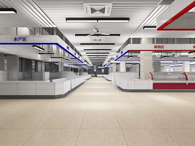 Supermarket Department Store Interior With Aquatic Meat Sections Aisles And Counters 3d model
