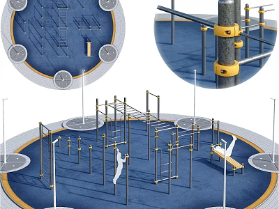Outdoor Sports Equipment Including Climbing Frames Parallel Bars And Seating Bench On Blue Circular Ground 3d model