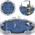 Outdoor Sports Equipment Including Climbing Frames Parallel Bars And Seating Bench On Blue Circular Ground