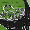 Scenic Park Landscape With Circular Pathways Lush Lawns Trees And Central Sculpture